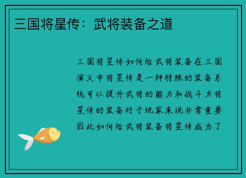 三国将星传：武将装备之道